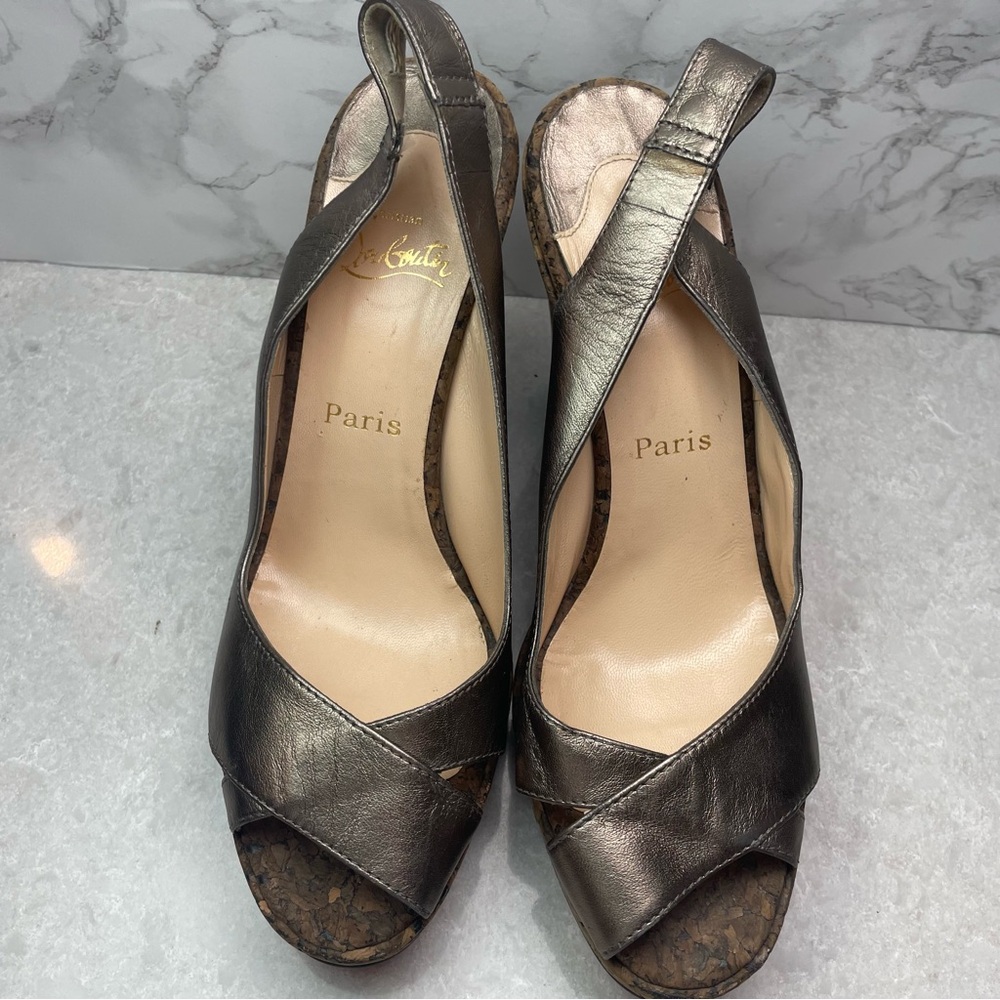Christian Louboutin Pewter Cork Wedge Sandal